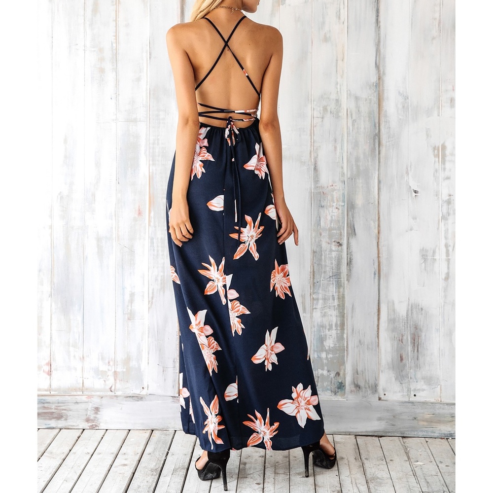 Navy Blue Floral Deep V Lace Up Floral Maxi Dress - Picture 2 of 7